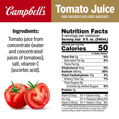 100% tomato juice with no added sugars or artificial ingredients specified