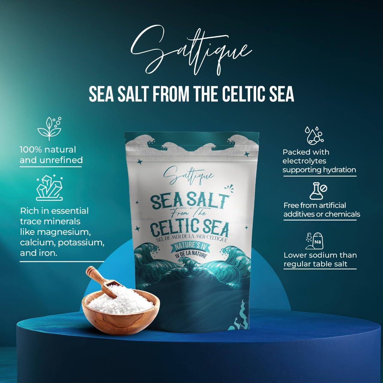 100% unrefined with no additives, anti-caking agents, or bleaching