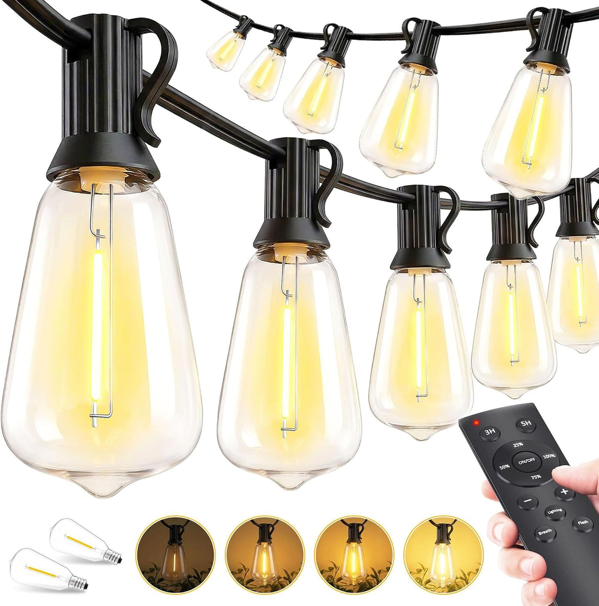 100ft length with 37 st38 led bulbs plus 2 spares, e12 base, 2700k warm white color temperature