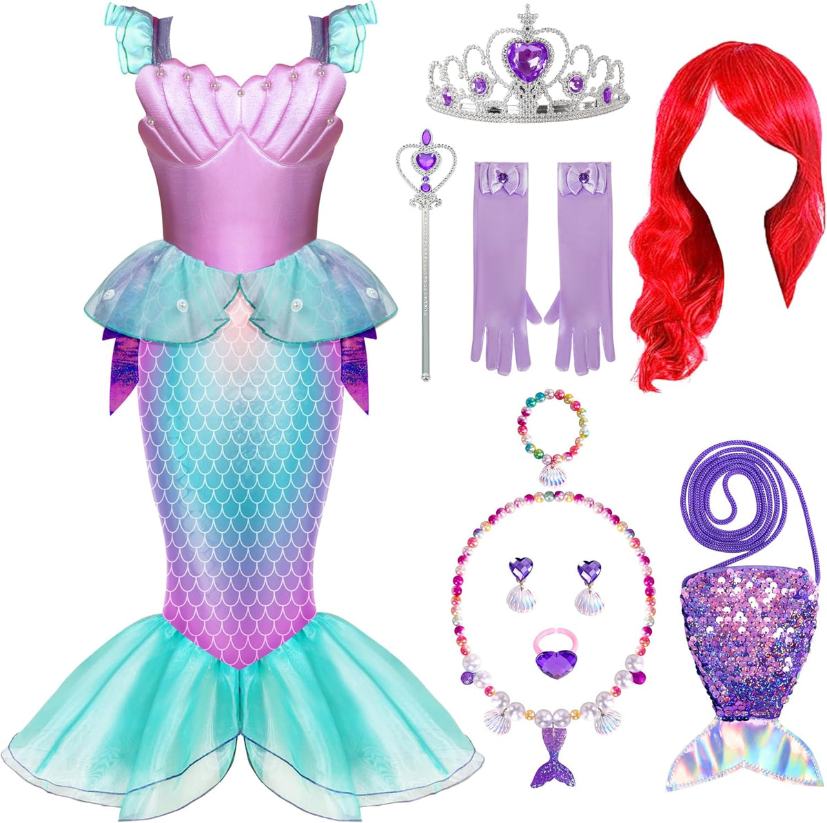 11-piece accessory bundle: mermaid dress, crown, beaded necklace, gloves, earrings, wand, ring, bracelet, fishtail bag, and wig