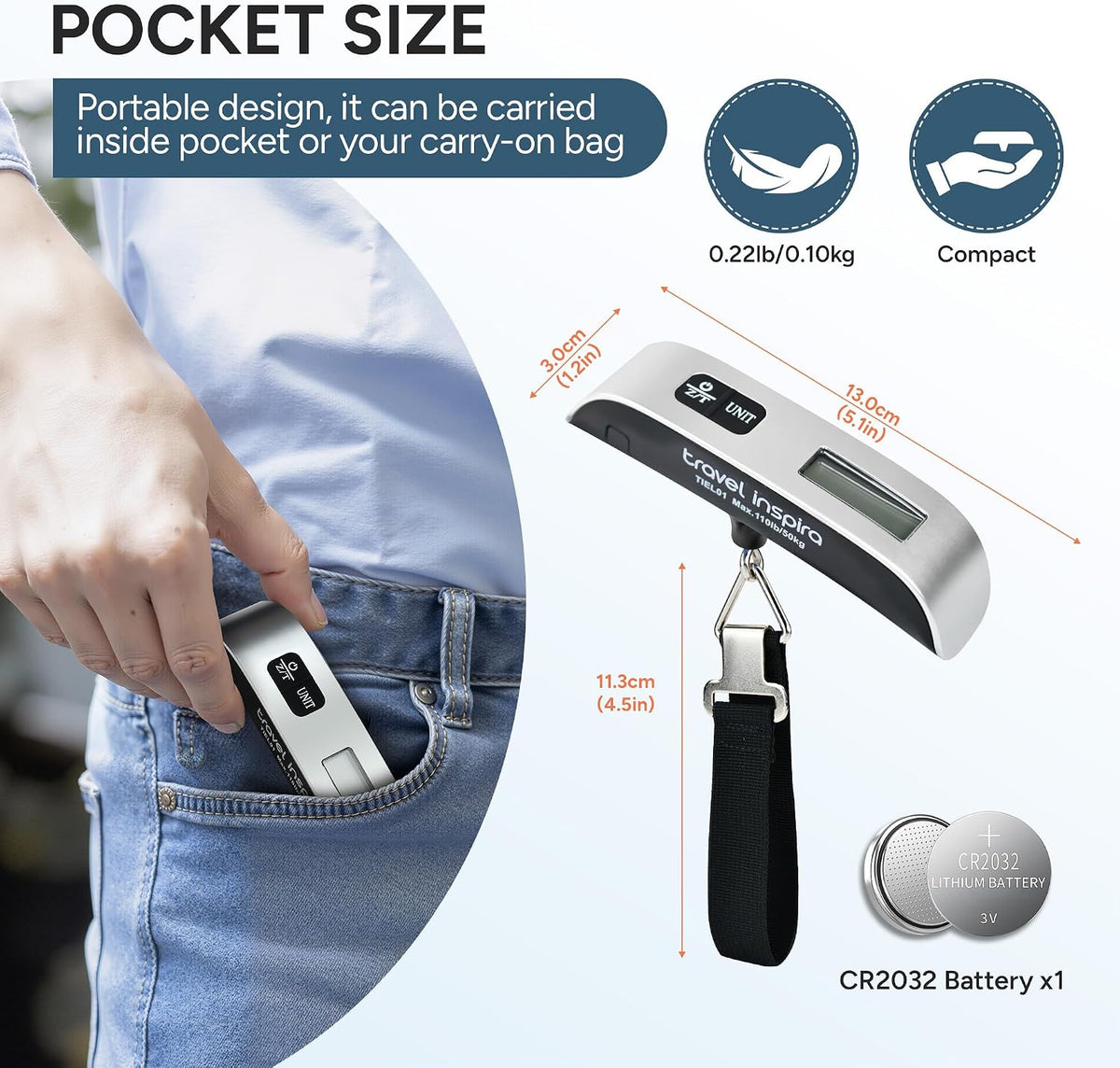 travel inspira Digital Luggage Scale – Home Office Travel Prep Tool, Quickly Weigh Bags Before Business Trips