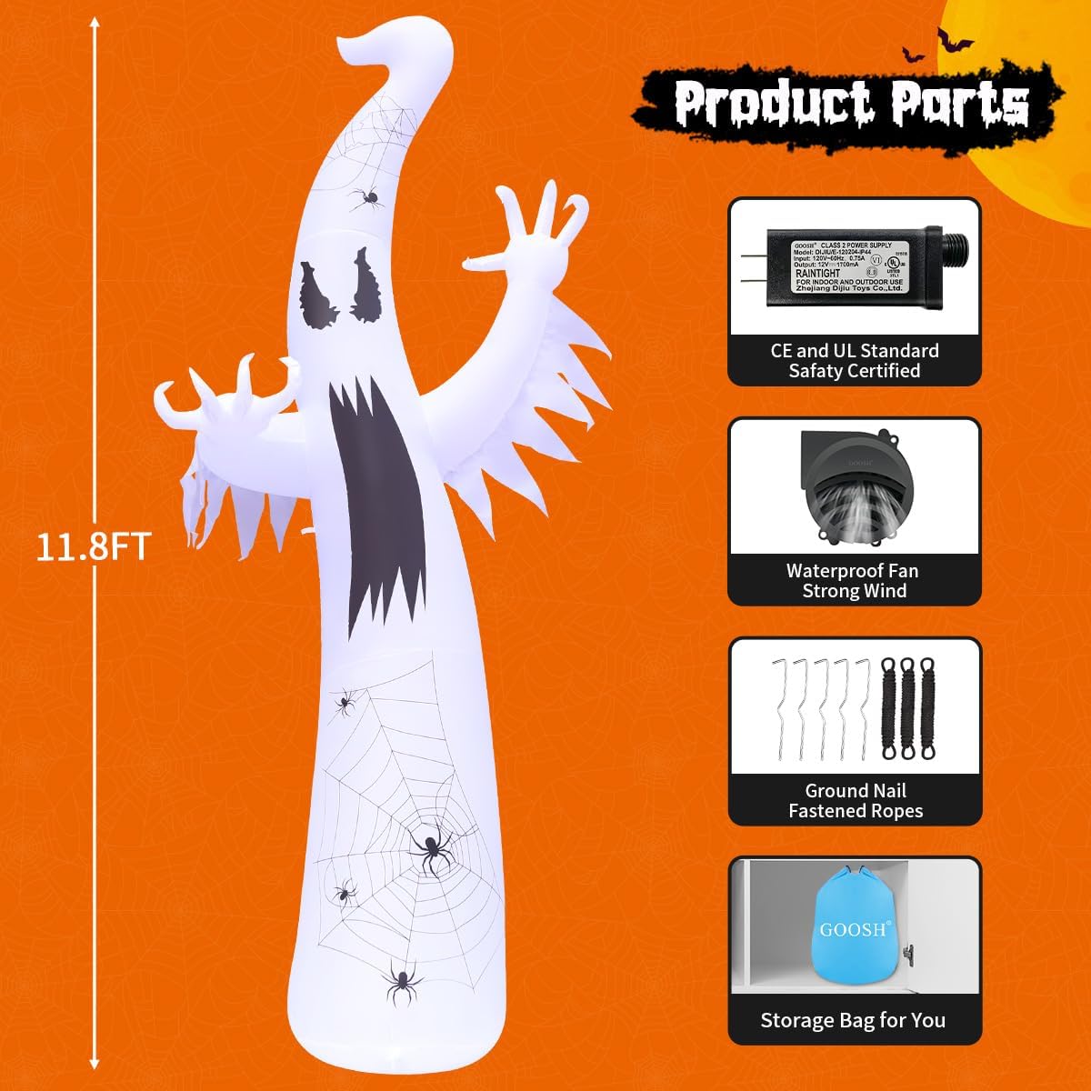 GOOSH 12 FT Halloween Ghost Inflatable – Reusable Annual Gift for Halloween Lovers, Complete with Carry Bag & Accessories