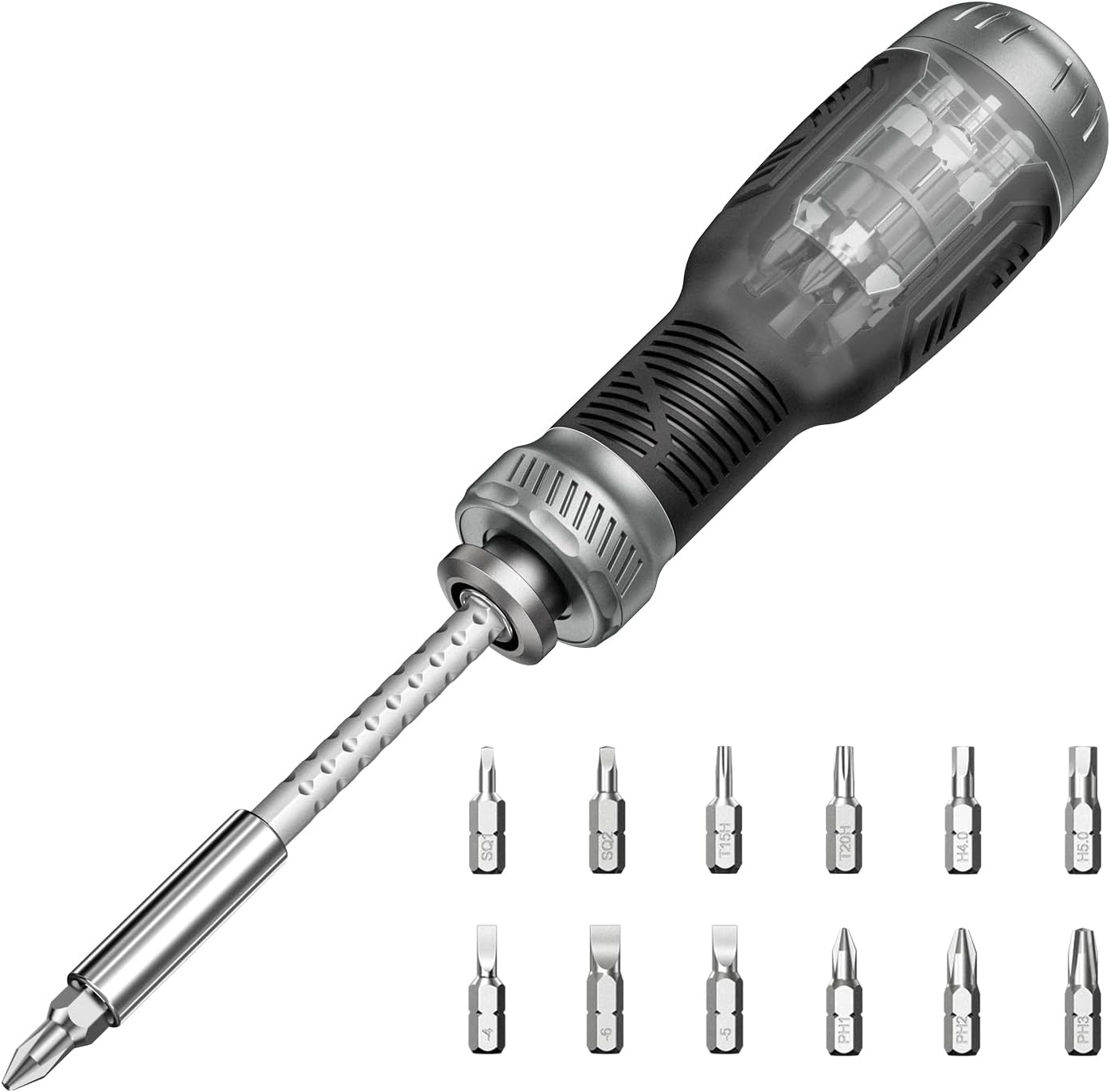 12 interchangeable bits covering flathead, philips, torx, hex, and square heads plus a 1/4" nut driver