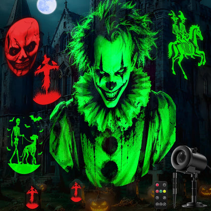 12 interchangeable pattern slides spanning halloween (clown, spider, ghost face, scarecrow, pumpkin, skeleton) and christmas (santa, snowman, reindeer, tree) themes