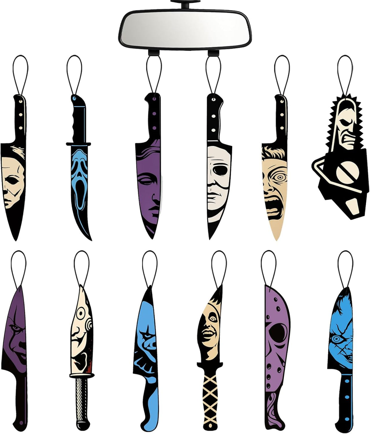 12-piece assorted design pack featuring novelty knife, chainsaw, and masked face artwork