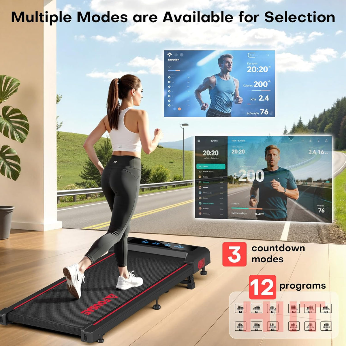 12 preloaded hiit programs plus manual and 3 countdown modes (time, distance, calories)