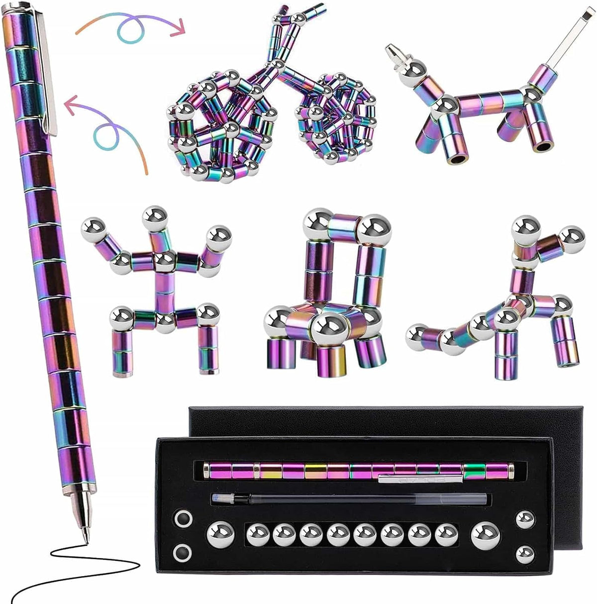 12 steel balls and 13 magnetic rings that combine into custom shapes (swords, robots, hearts)
