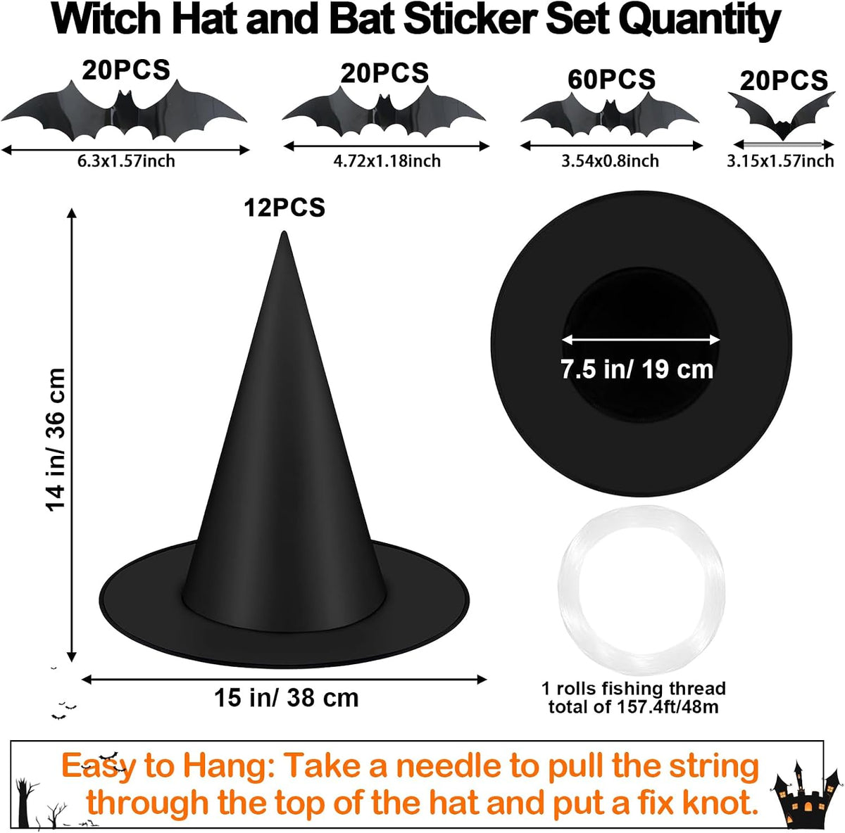 120 eco-friendly plastic bat stickers in four graduated sizes (6.3", 4.72", 3.54", 3.15")