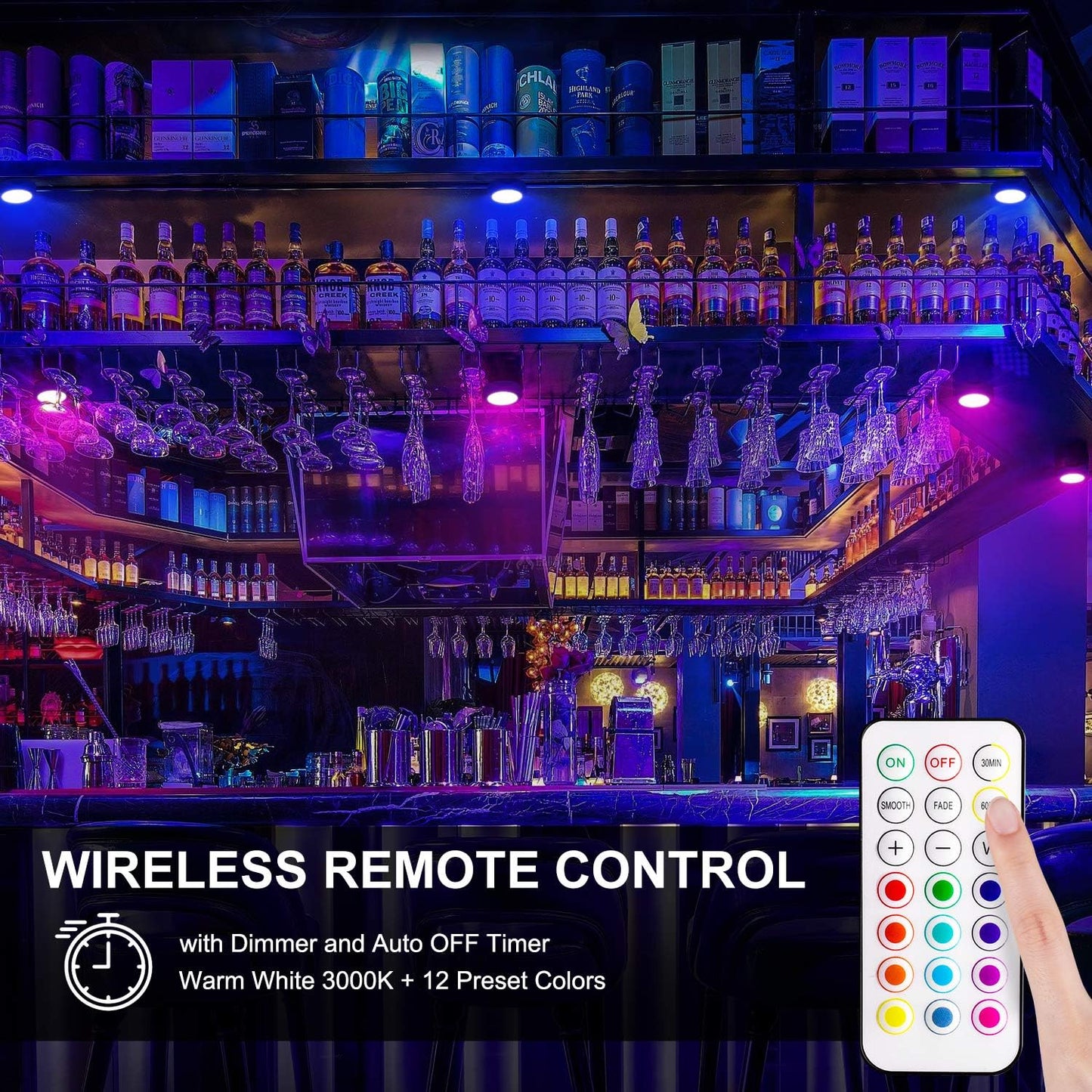 13 color options including warm white (3000k) and 12 preset hues with smooth and fade modes