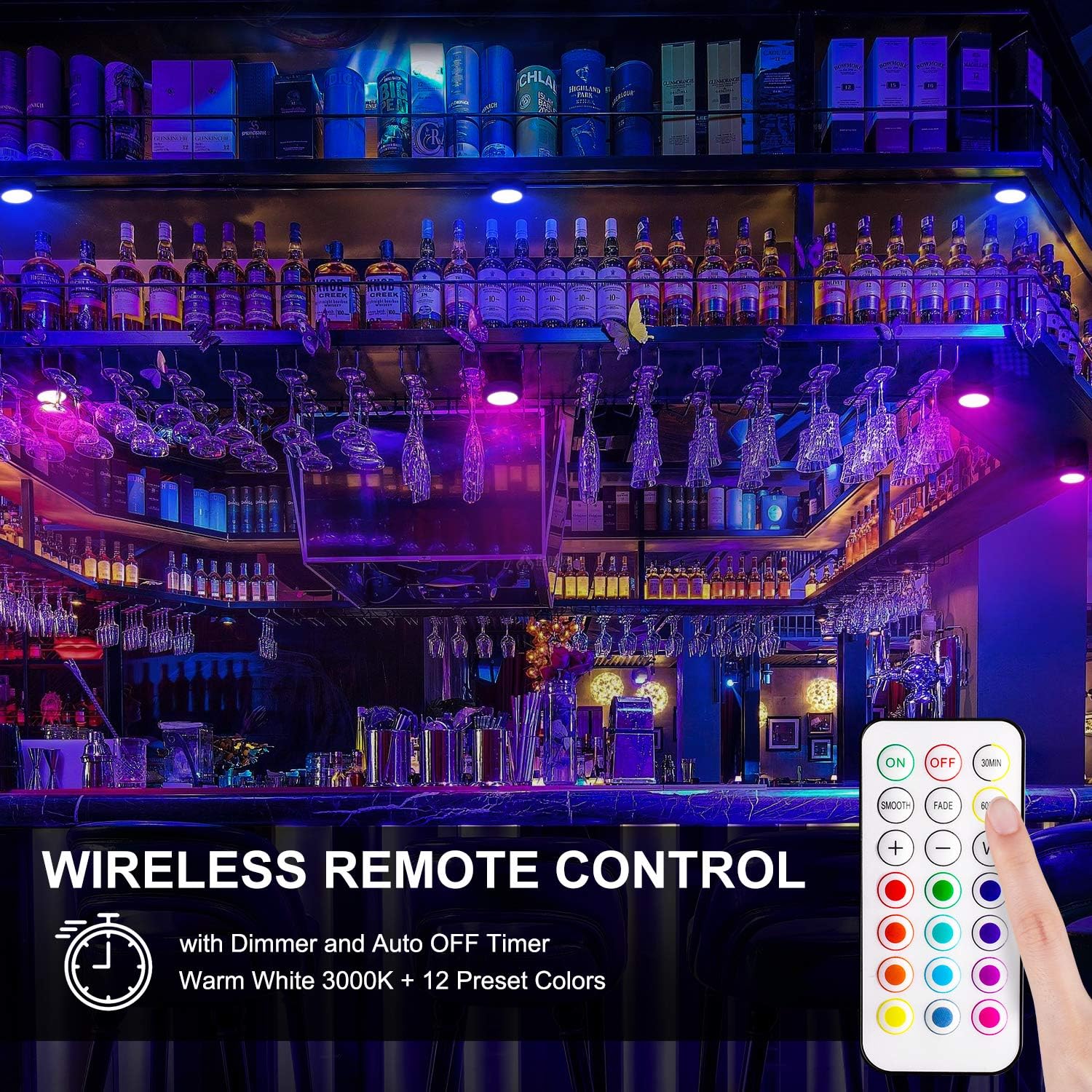 13 color options including warm white (3000k) and 12 preset hues with smooth and fade modes