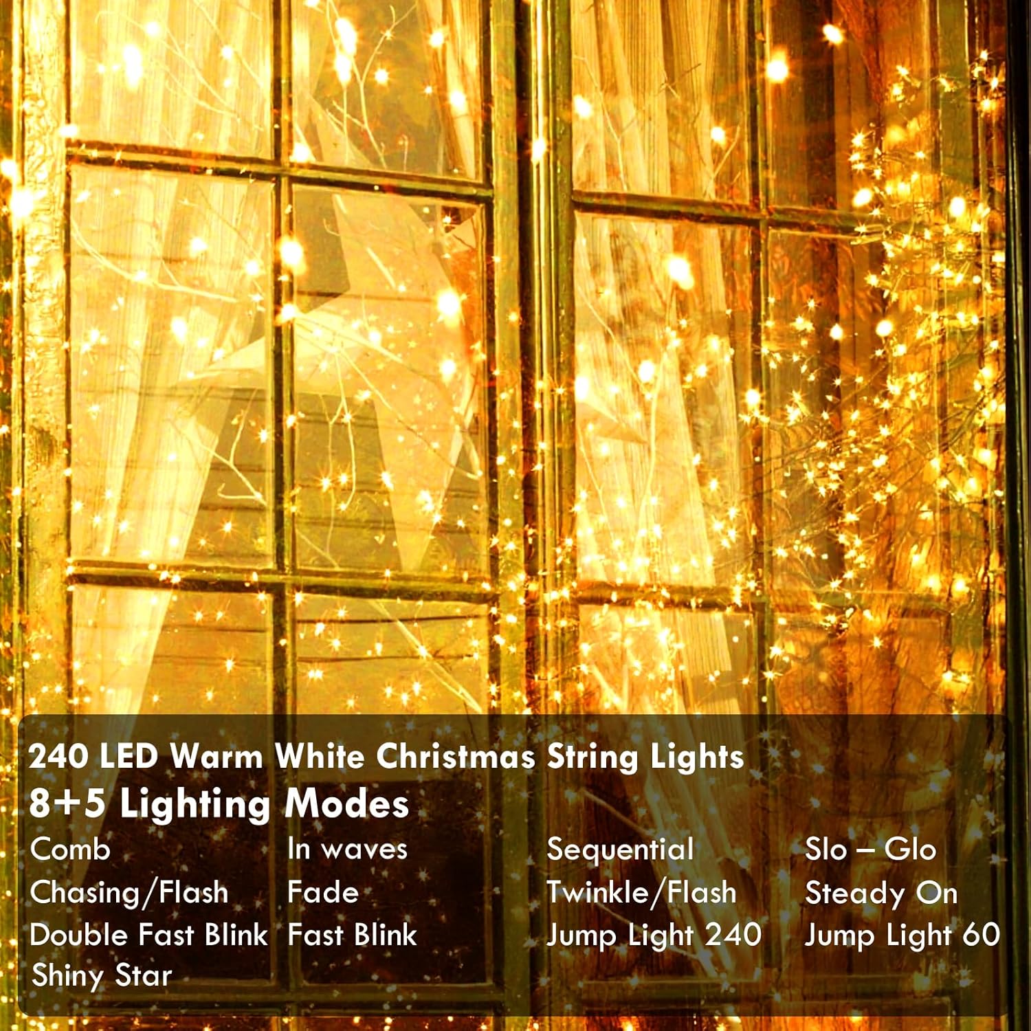 13 customizable lighting modes (comb, in waves, sequential, slo-glo, chasing/flash, fade, twinkle/flash, steady on, blink variants, jump light, shiny star)