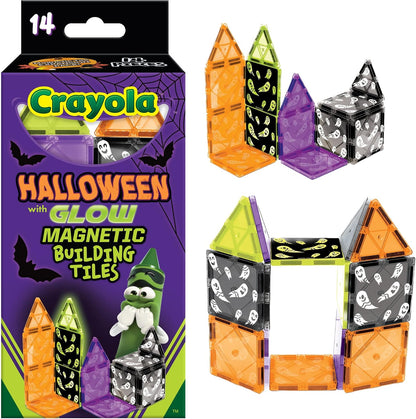 14 magnetic building tiles with glow-in-the-dark elements on the halloween variant
