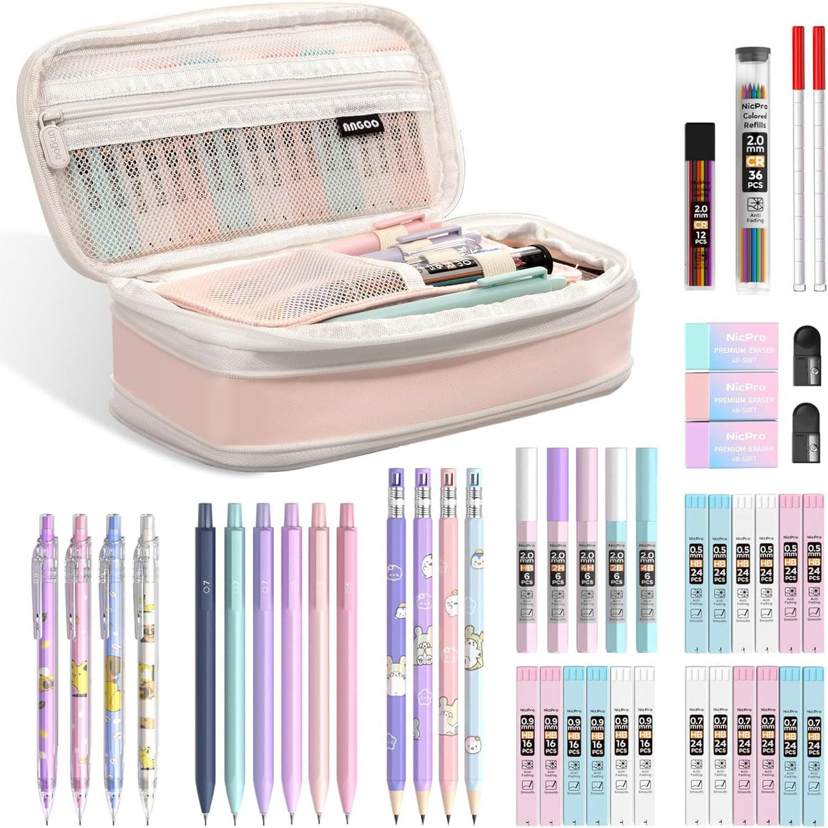 14 mechanical pencils split across 0.5mm, 0.7mm, 0.9mm, and 2.0mm lead holder sizes