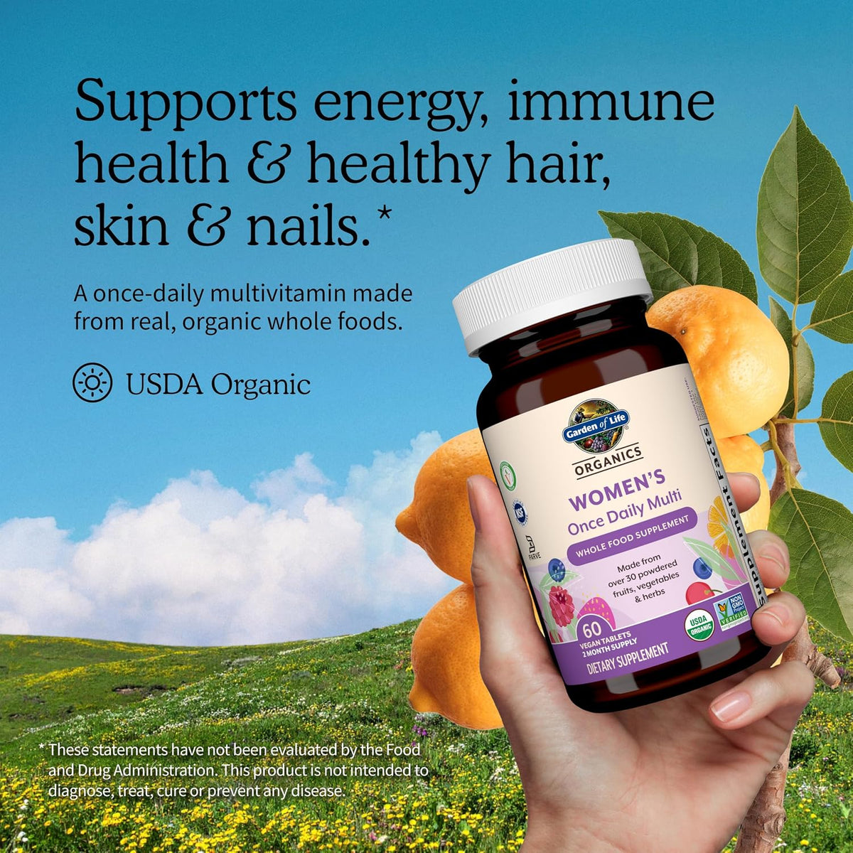 15 vitamins and minerals at 100% of the daily value or higher, including 2.5 mg of iron