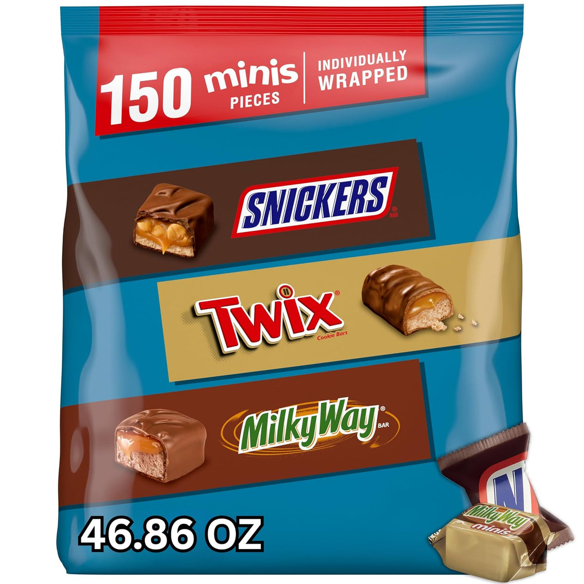 150-count bulk bag totaling 46.86 ounces of individually wrapped mini chocolate bars