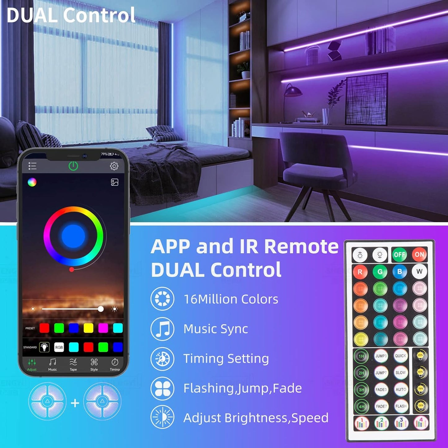 16 million color rgb options with adjustable brightness