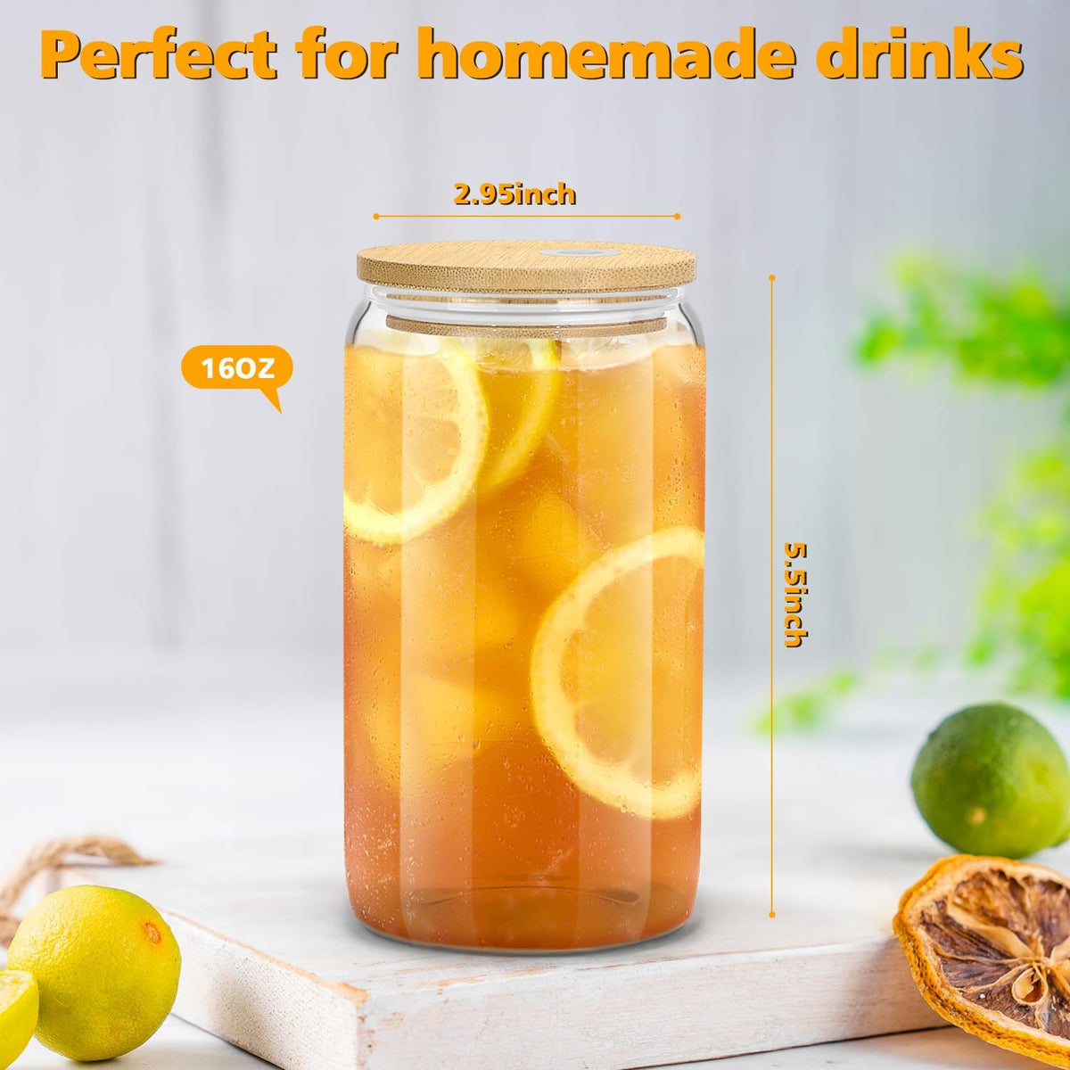 16 oz Beer Can Shaped Glass Tumbler with Bamboo Lid – Modern Coffee Bar Decor for Kitchen Counter, Crystal Clear Iced Coffee Cup Set of 4