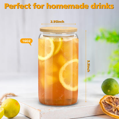 16 oz Beer Can Shaped Glass Tumbler with Bamboo Lid – Modern Coffee Bar Decor for Kitchen Counter, Crystal Clear Iced Coffee Cup Set of 4