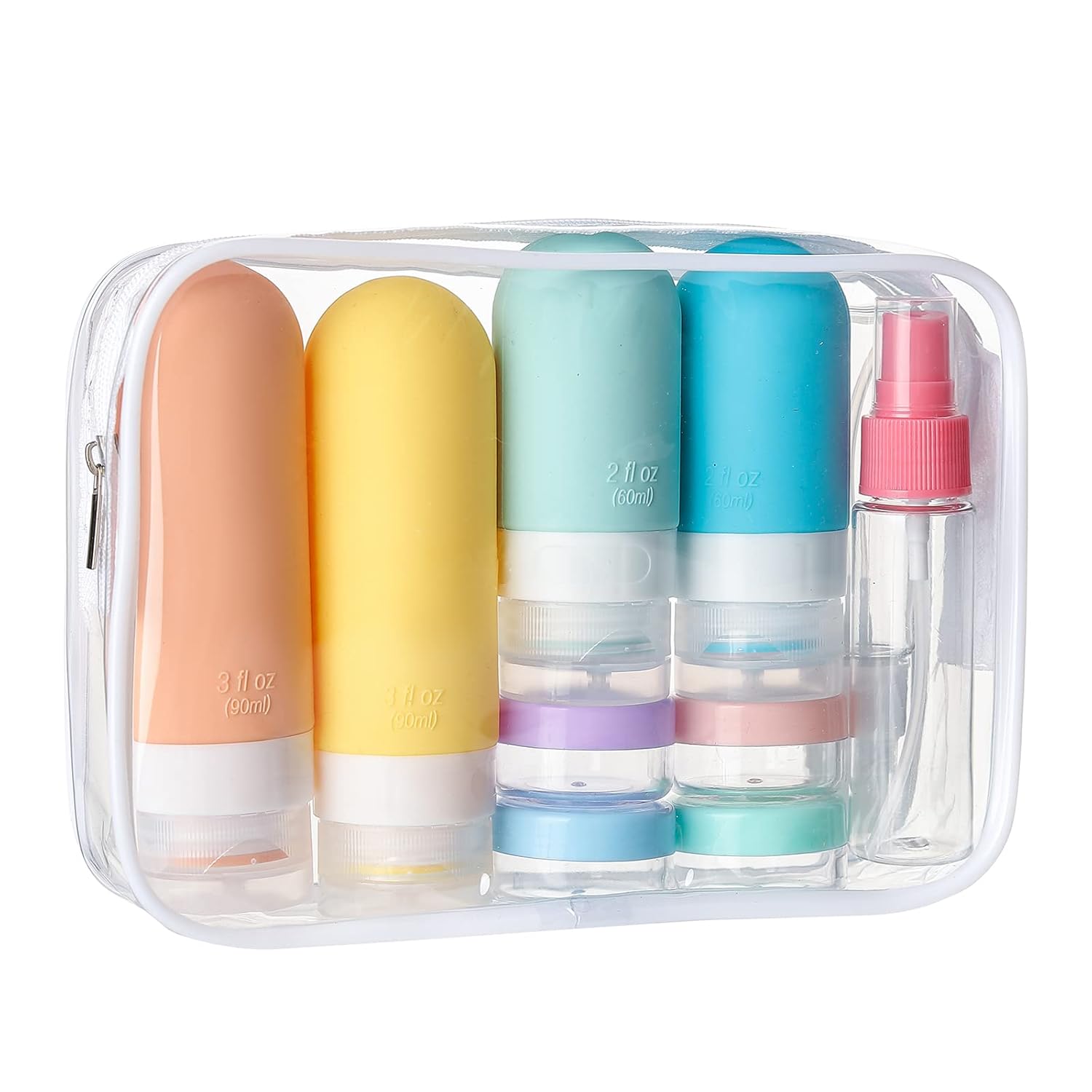 16-piece set: 4 squeeze bottles, 4 jars, 2 sprayers, 2 spoons, funnel, cleaning brush, label, and transparent makeup bag