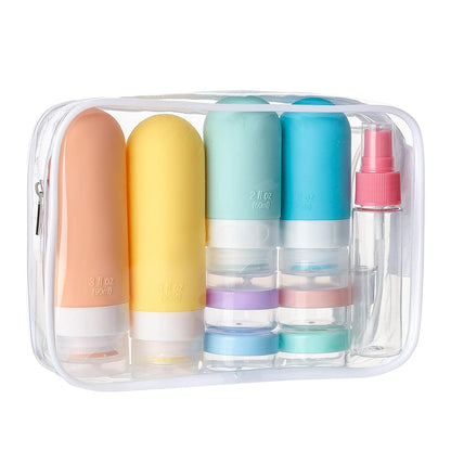 16-piece set: 4 squeeze bottles, 4 jars, 2 sprayers, 2 spoons, funnel, cleaning brush, label, and transparent makeup bag