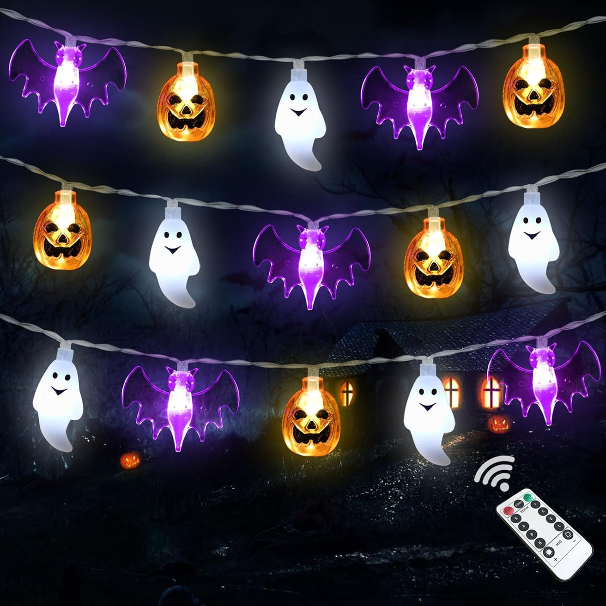 16ft string with 30 led beads in 3d pumpkin, bat, and ghost (or spider) shapes