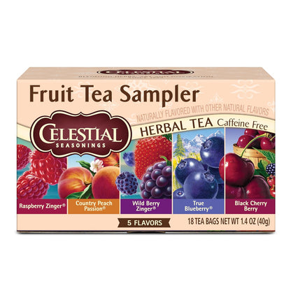 18-count box containing five fruit tea varieties: raspberry zinger, country peach passion, wild berry zinger, true blueberry, and black cherry berry