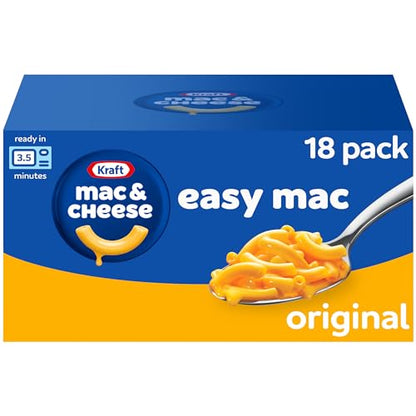 18 single-serve macaroni packets paired with 18 individually sealed cheese sauce packets