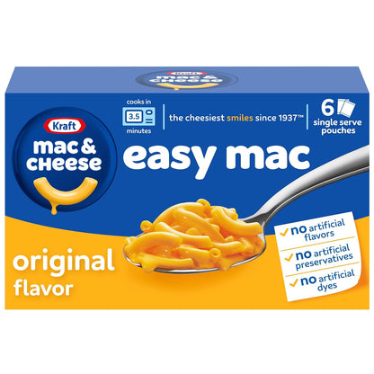 18 single-serve macaroni packets paired with 18 individually sealed cheese sauce packets