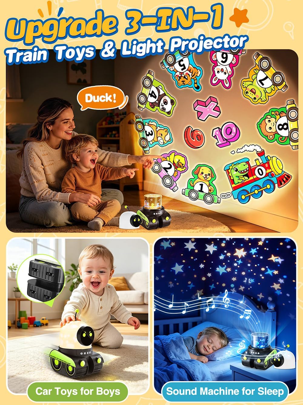 19 interchangeable projection films covering vehicles, animals, dinosaurs, oceans, space, holidays, and fantasy scenes