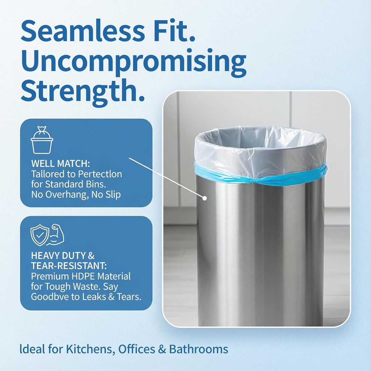 19 size and count variants ranging from 1.2-gallon bathroom bags to 21-gallon contractor bags in 120 or 240 counts