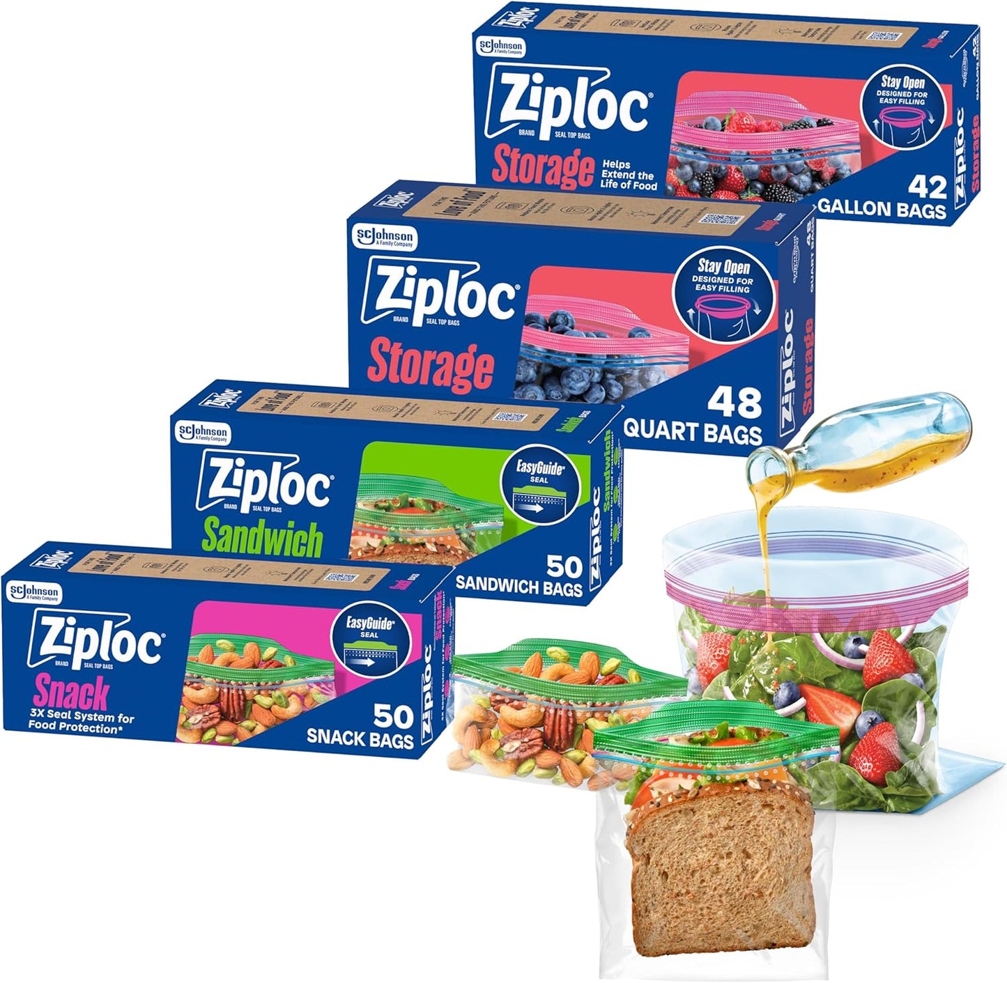 190-count variety pack: 42 gallon, 48 quart, 50 sandwich, 50 snack bags