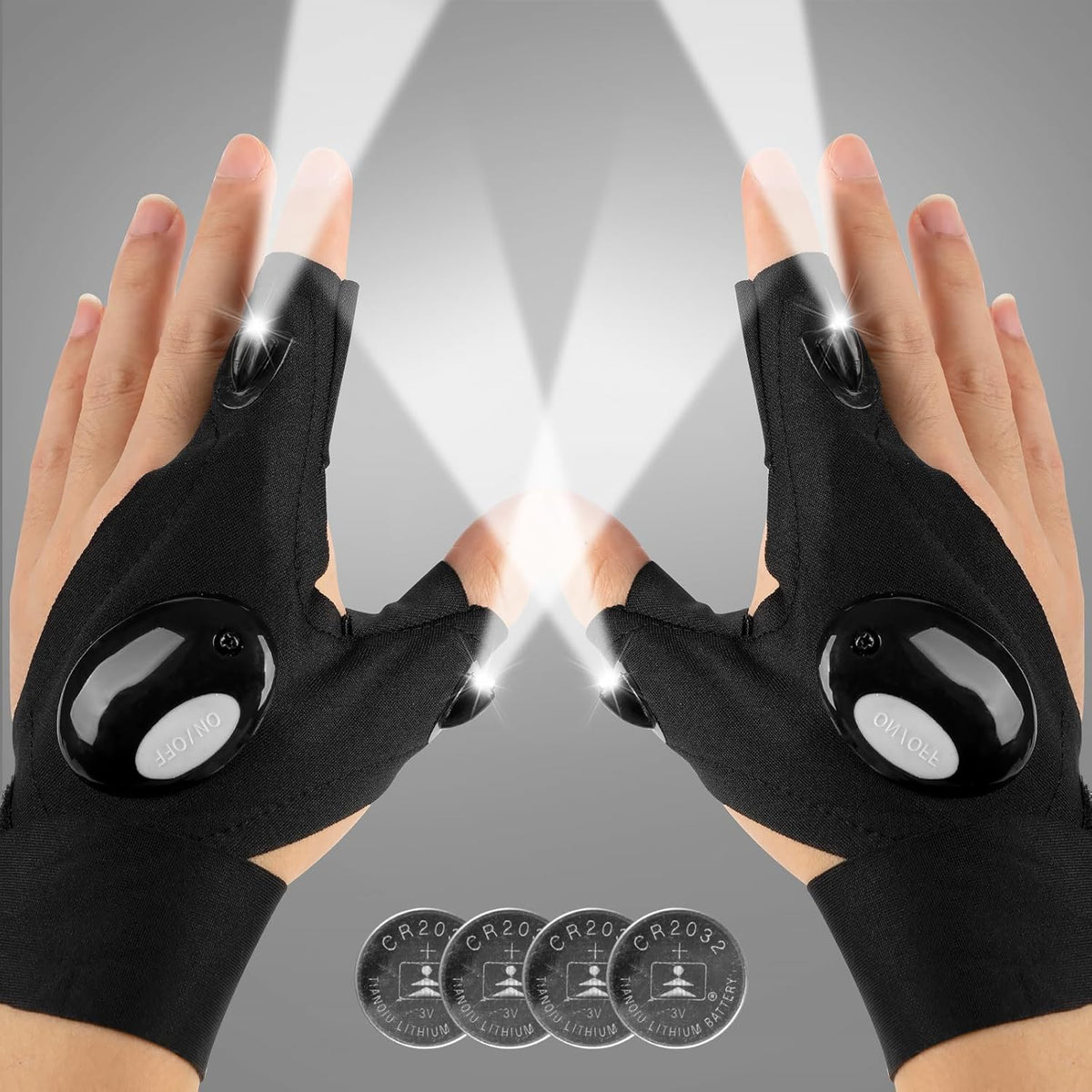 2 bright leds mounted on the index finger and thumb for directional, handsfree lighting