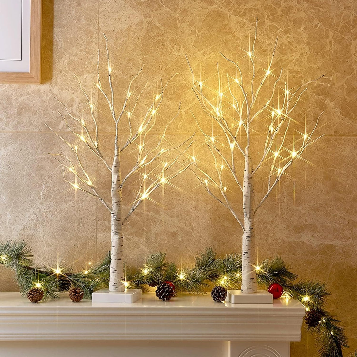 2-foot birch-style tree trunk wrapped in birch bark-look tape with 24 warm white micro-leds
