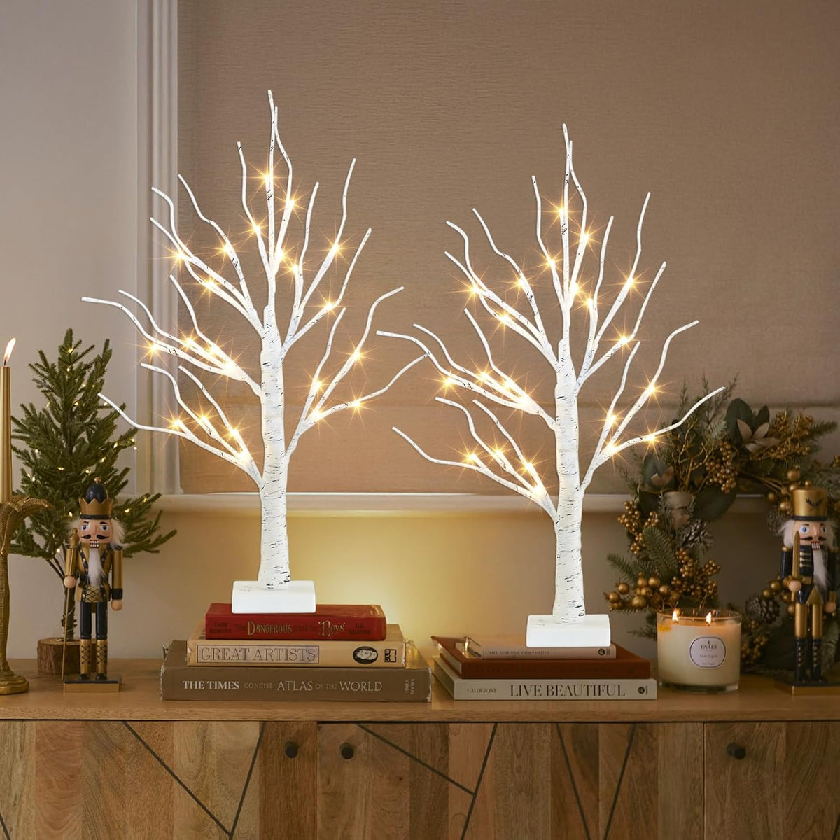PEIDUO Slim Lighted Birch Lamp – Less-Is-More Mantel Styling, Warm White Without the Clutter