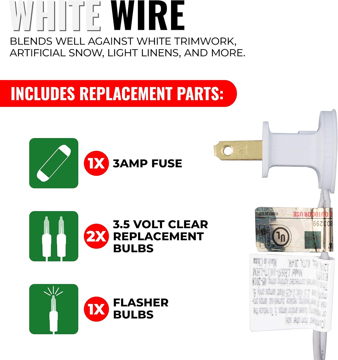 2 ft lead cord from plug to first bulb for flexible placement away from outlets