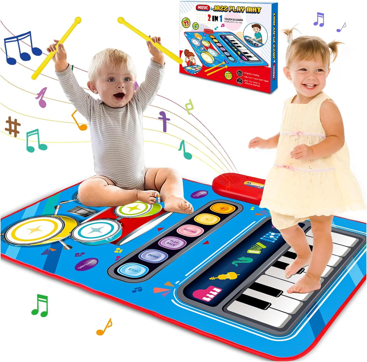 2-in-1 dual surface: piano side with 13 keys and 6 instrument sounds (piano, violin, vibraphone, trumpet, accordion, guitar) plus drum side with 2 included drumsticks