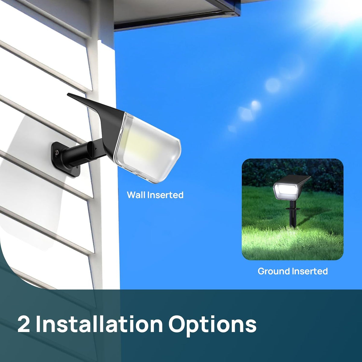 2-in-1 mounting: ground stake or wall screw mount