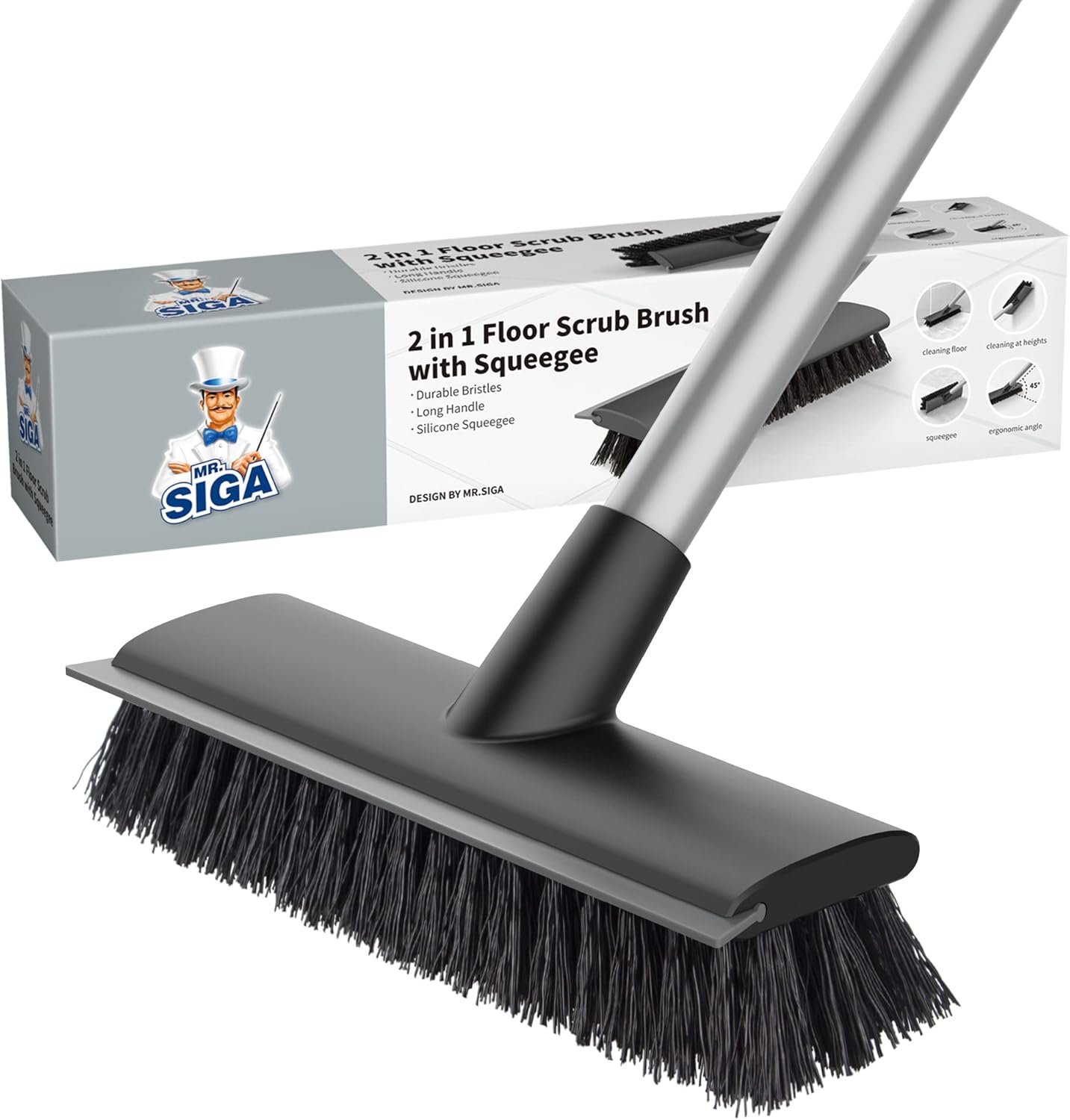 2-in-1 stiff-bristle scrub brush integrated with silicone streak-free squeegee