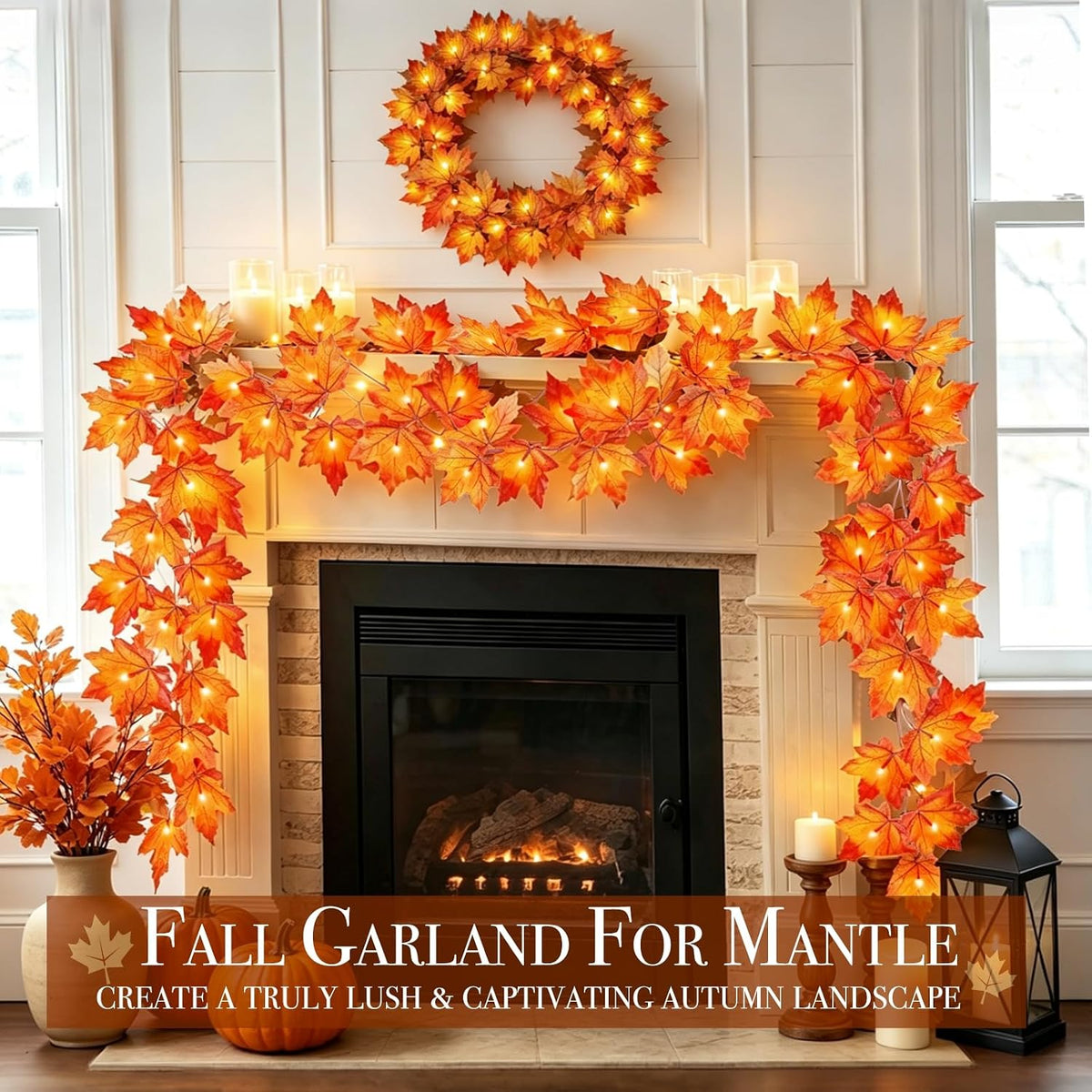 Outdoor Halloween Garland for Entryway – Weatherproof Maple Leaves with Flashing Mode
