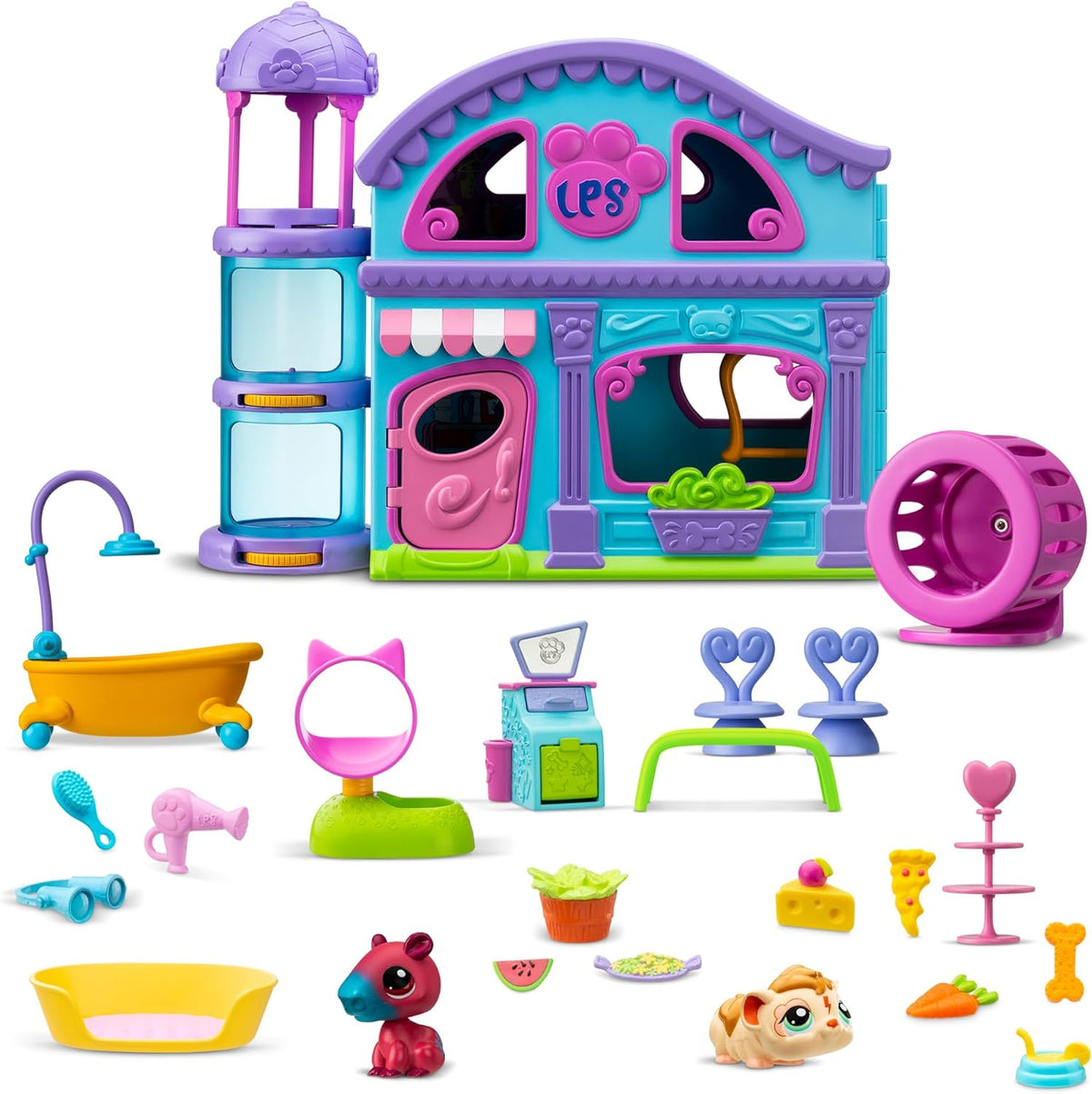 20+ accessories including grooming station, scratching post, running wheel, and pet bed