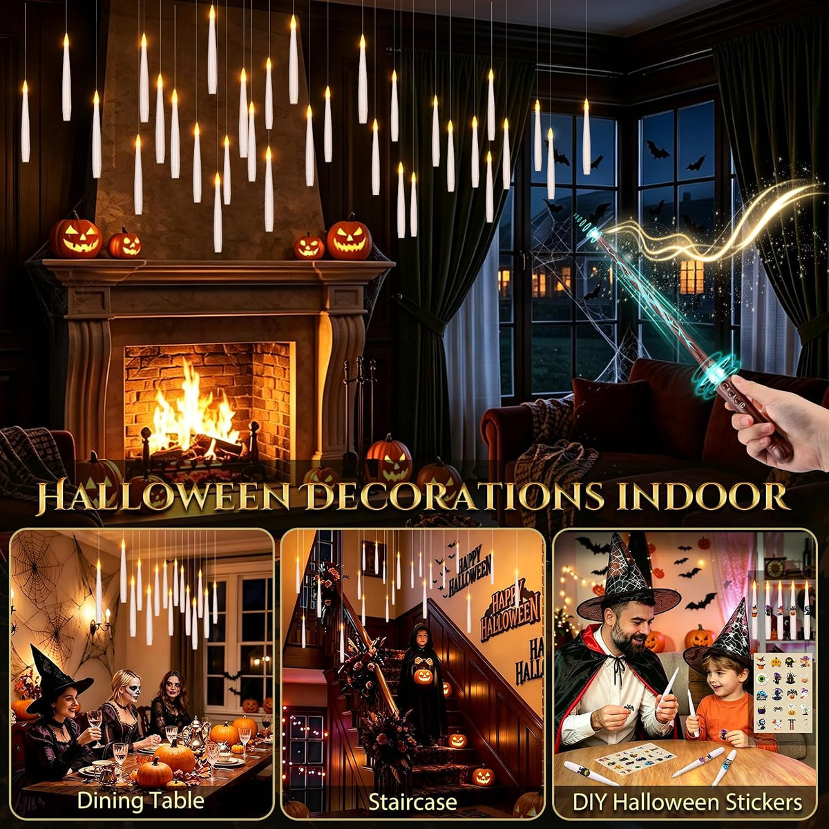 OCATO Wizard Candles for Ceiling and Window Display - Adjustable Transparent Line LED Flicker Lights for Fantasy Themed Room Makeover