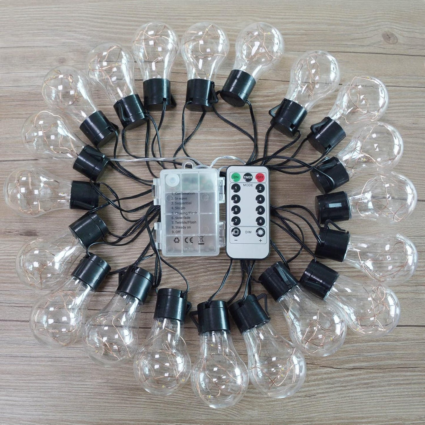 20 led hanging bulbs across 25ft total length with 14ft lit span
