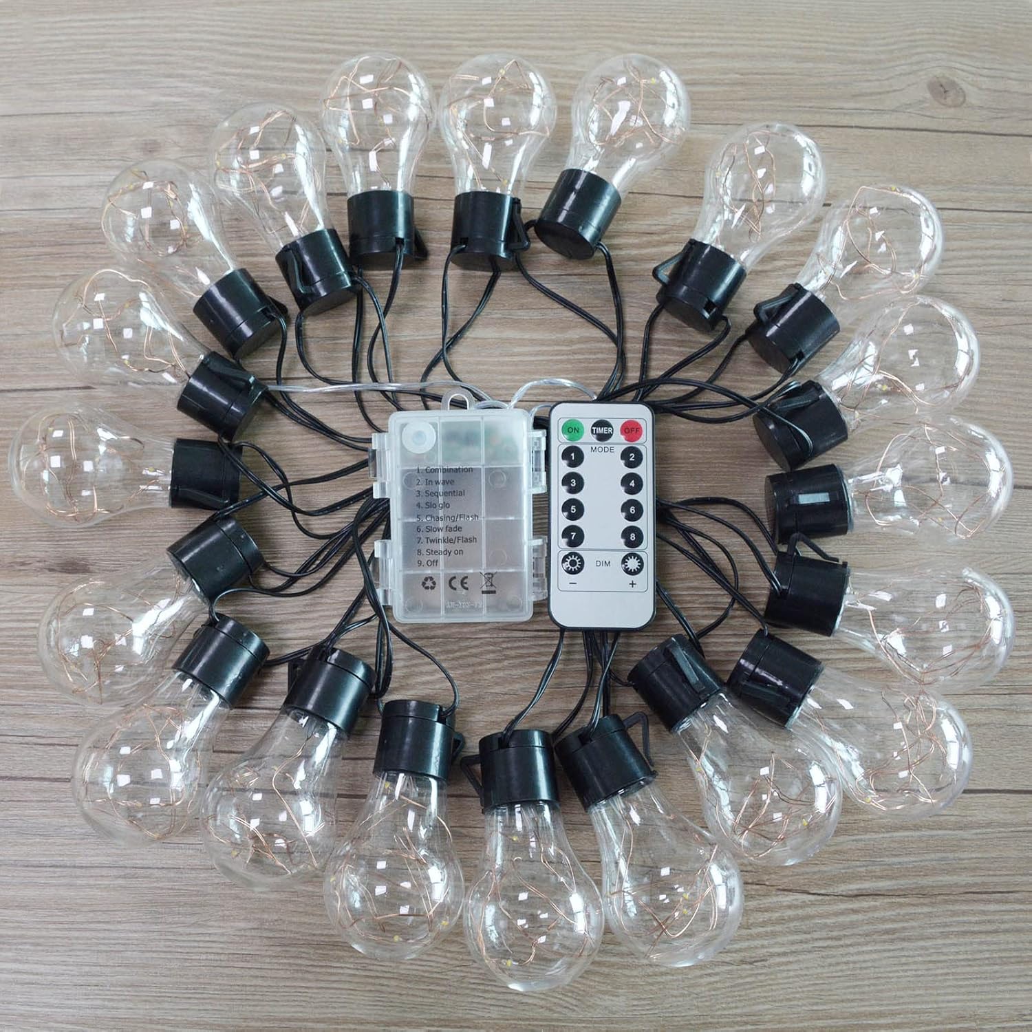 20 led hanging bulbs across 25ft total length with 14ft lit span