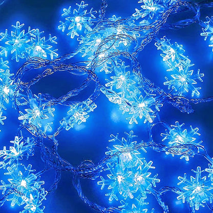 20 led snowflake-shaped plastic lights across 9.8 feet of string