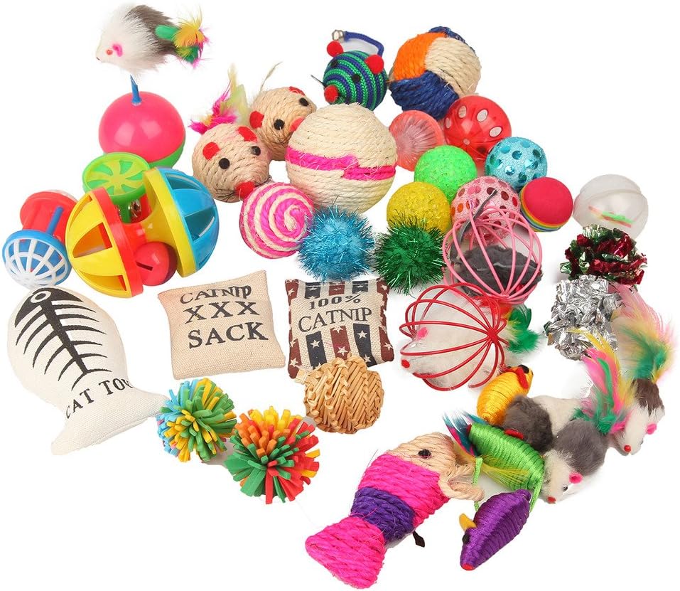 20-piece assorted toy bundle including cat wand, balls, catnip mice, rattles, and feather toys