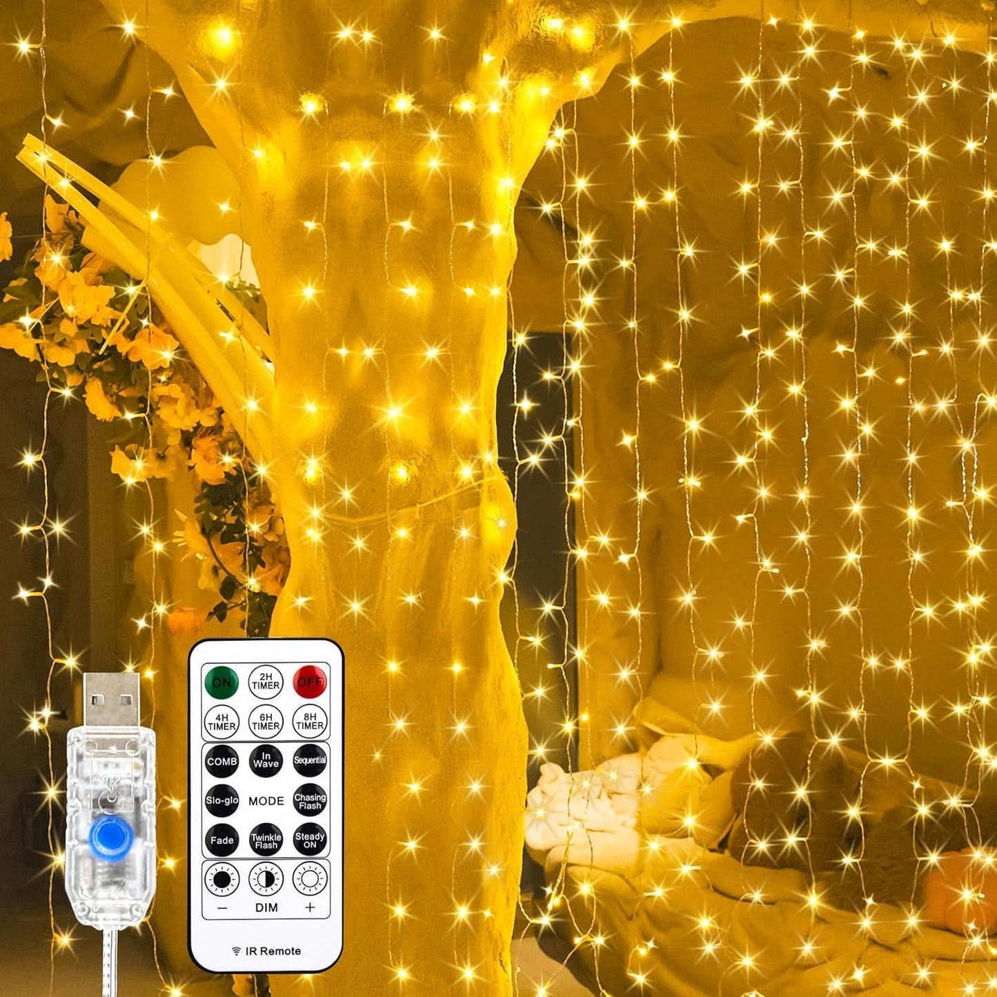 200 leds across 10 drop strings covering a 6.6x6.6ft curtain with 9.8ft extension cord