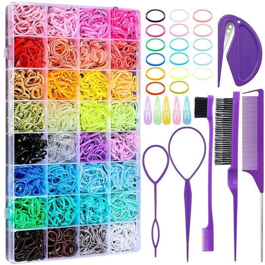 2000 mini elastic hair ties across 32 distinct colors packed in a reusable clear plastic organizer