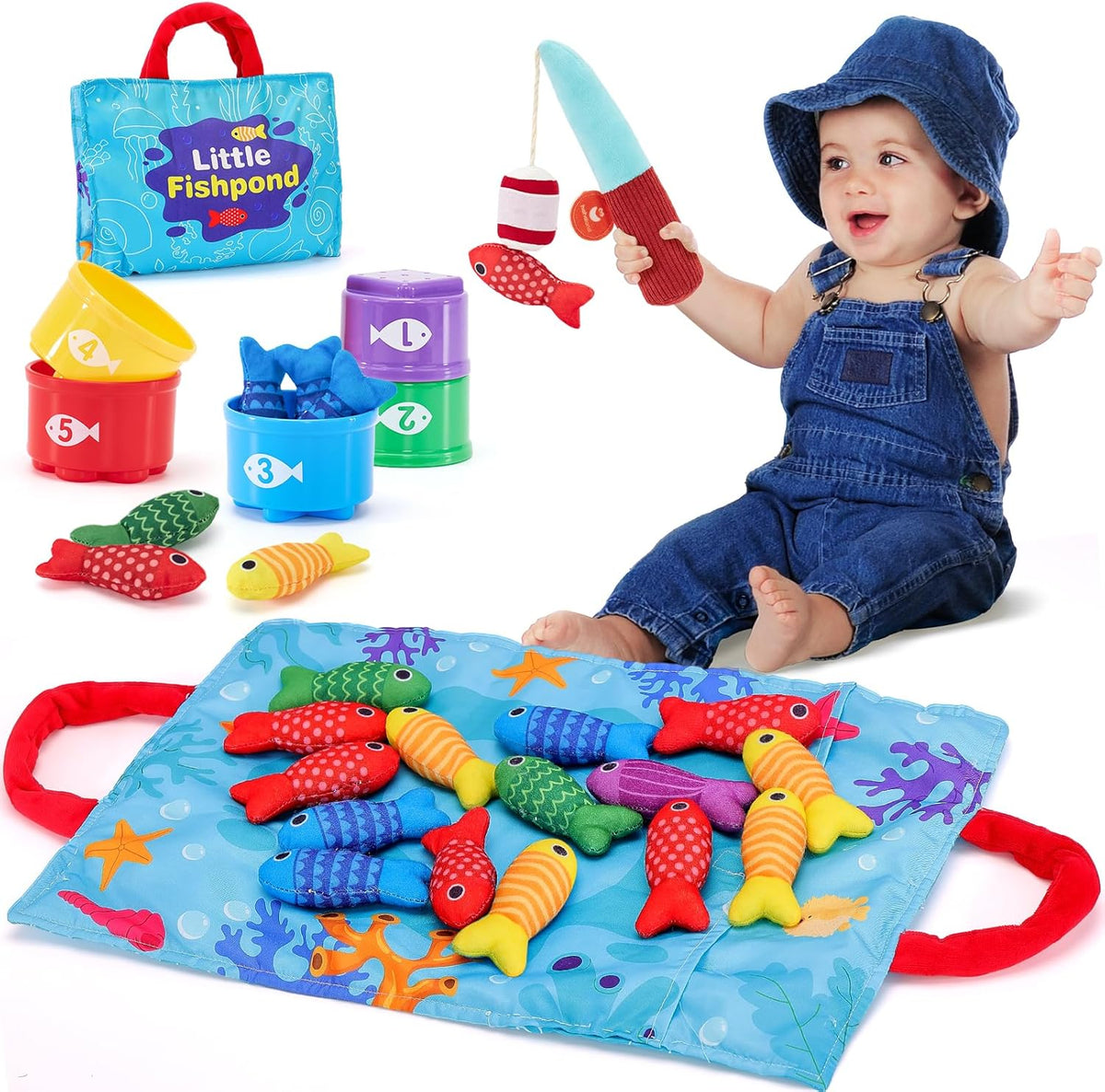 22-piece set including 15 felt fish, 5 stackable buckets, fishing pole, and ocean mat
