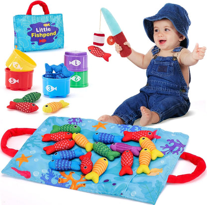 22-piece set including 15 felt fish, 5 stackable buckets, fishing pole, and ocean mat