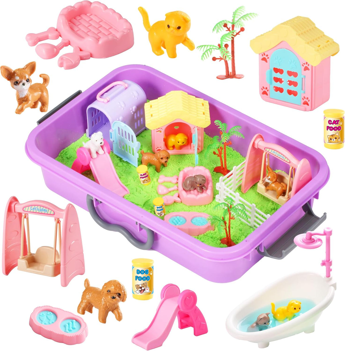 23-piece complete kit including magic sand, storage bin, 5 dog and cat figures, pet house, carrier, slide, swing, bathtub, fences, and bowls